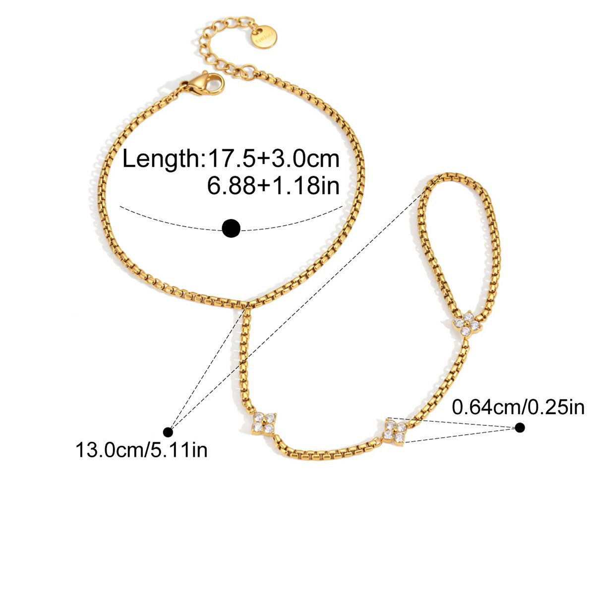 Apolline hand chain measurements: bracelet 17.5cm plus 3cm, wrist to finger 13cm, clover 0.64cm, weight 5.2g