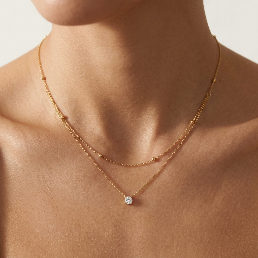 Woman wearing the Amélie double layer gold necklace, a beaded chain above a solitaire crystal strand
