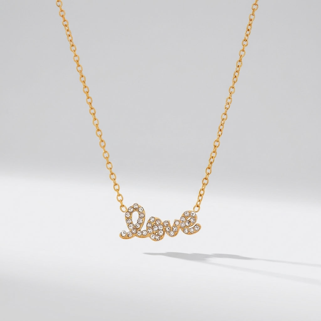 Manon Crystal Love Script Gold Necklace - Joie d’Or