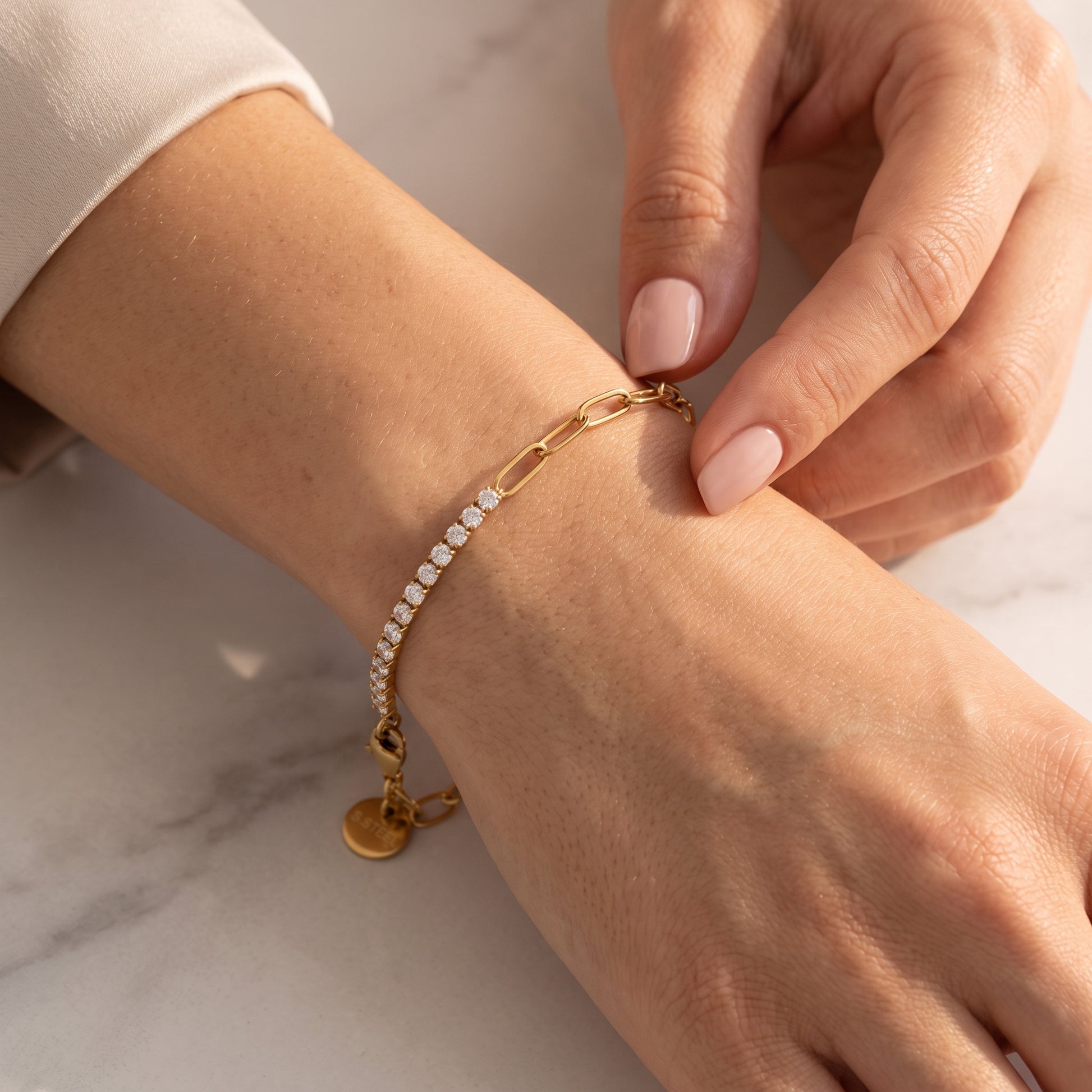 Chiara Dual Chain Zircon Paperclip Gold Bracelet - Joie d’Or