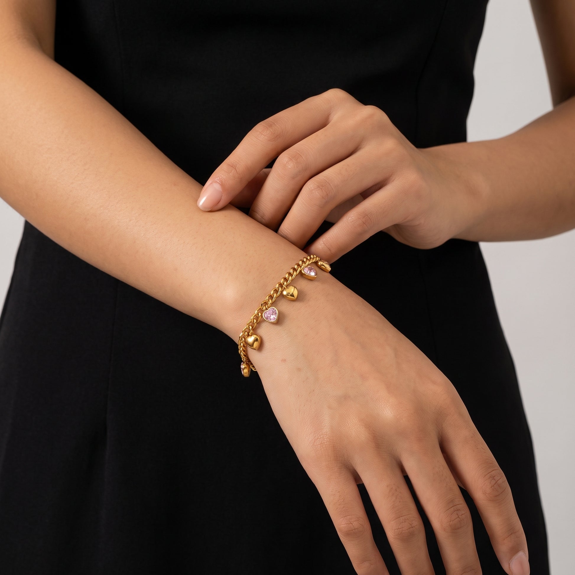 Amélie Pink & Gold Heart Charm Bracelet - Joie d’Or