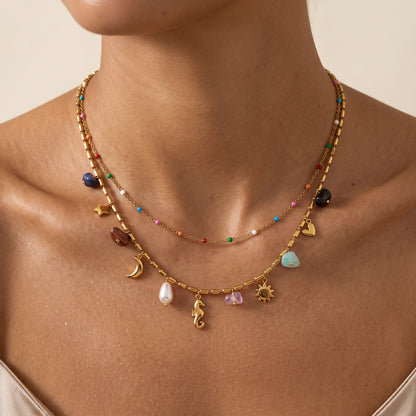 Aurelie Bohemian Seahorse Gemstone Layered Gold Necklace - Joie d’Or