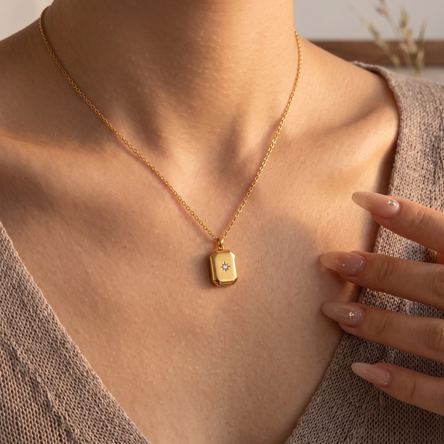 Celeste Vintage Geometric Tag Crystal Gold Necklace - Joie d’Or