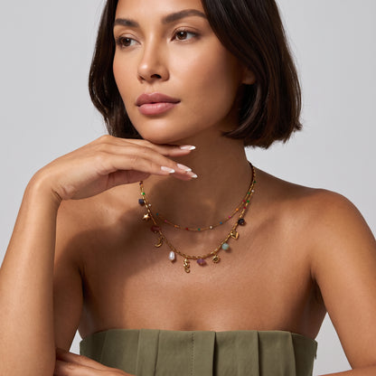 Aurelie Bohemian Seahorse Gemstone Layered Gold Necklace - Joie d’Or