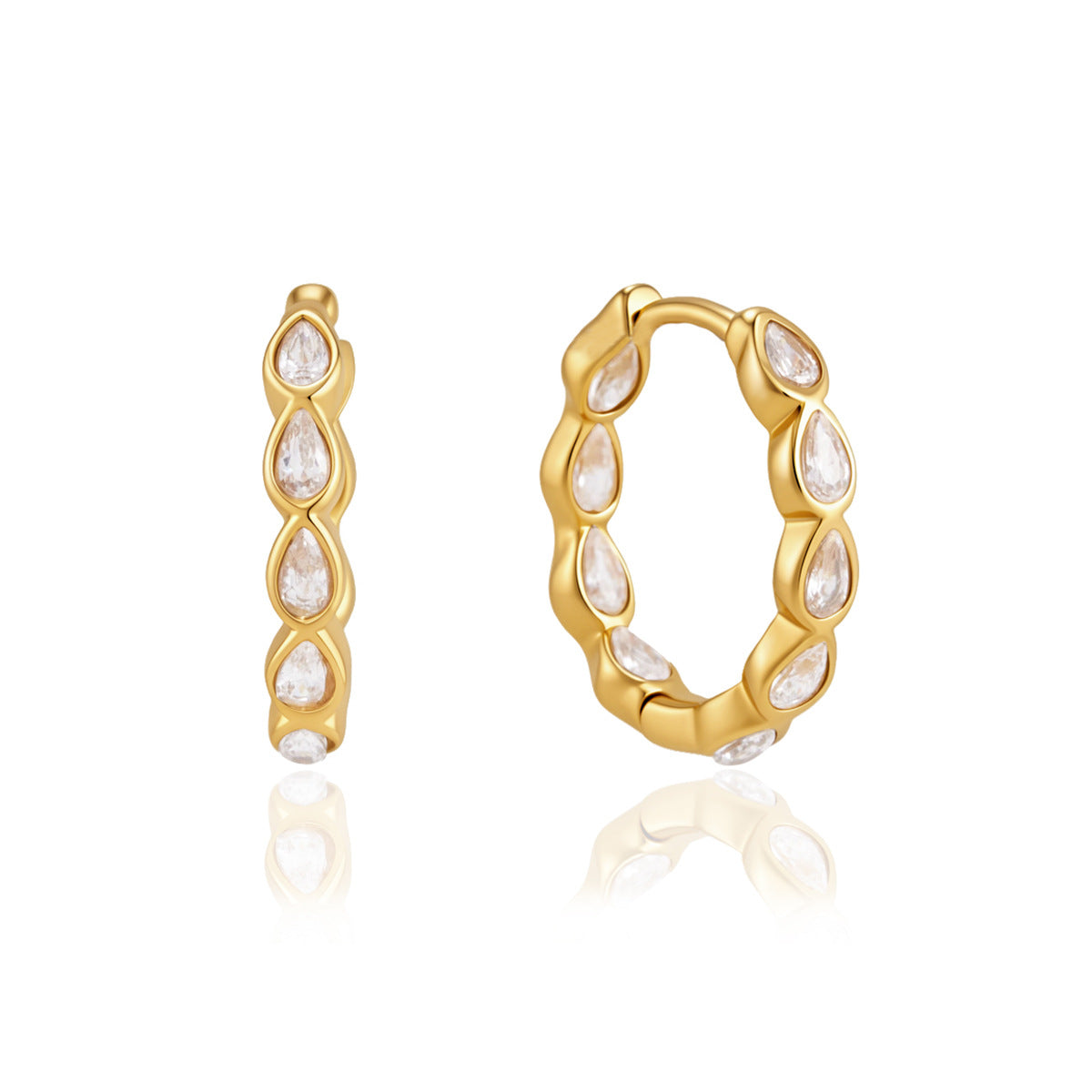 Albane teardrop hoop gold earrings, side and front view, pear crystals set all around