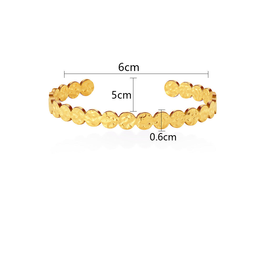 Ambre hammered cuff measurements: 6cm across, 5cm deep, band 0.6cm, weight 9.4g, stainless steel