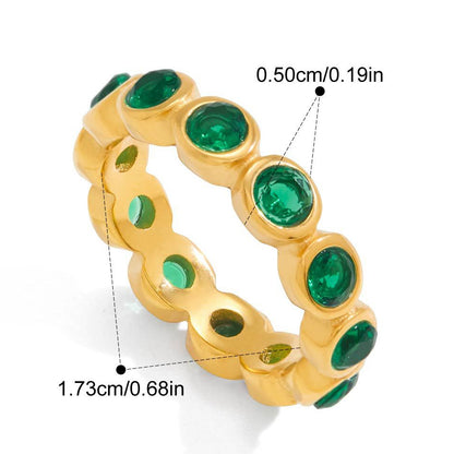 Ariana green round gold ring: emerald-green round zircons in smooth bezels set all the way round the band, 5 mm stones, weight 4.2 g