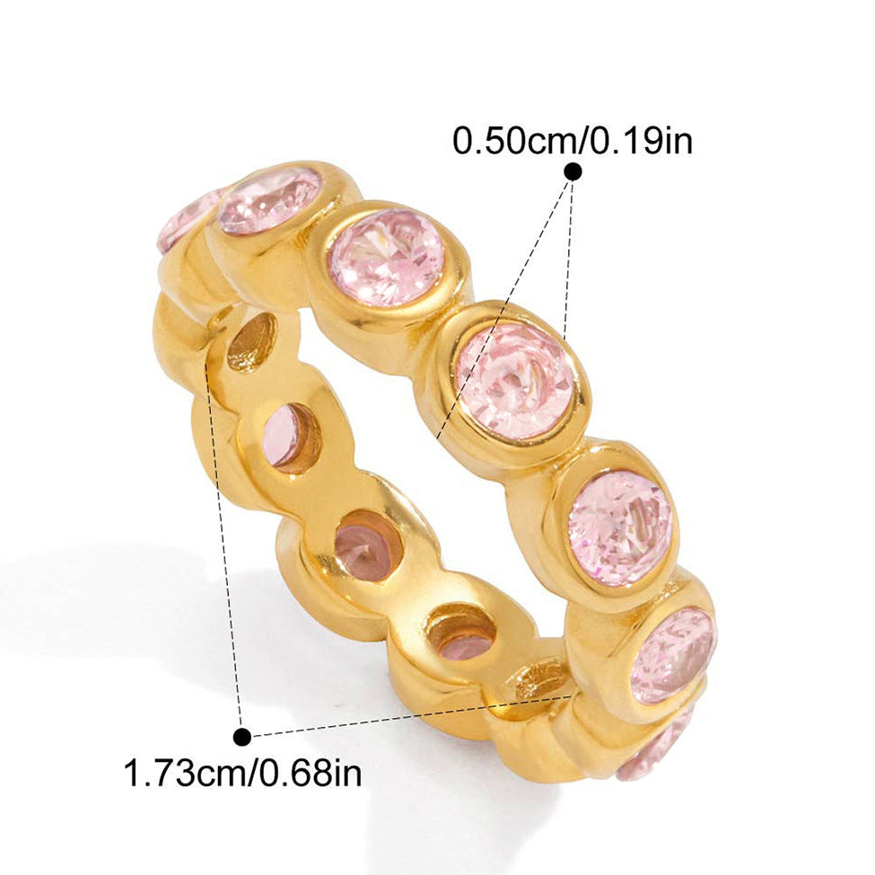 Ariana pink round gold ring: blush-pink round zircons in smooth bezels set all the way round the band, 5 mm stones, weight 4.2 g