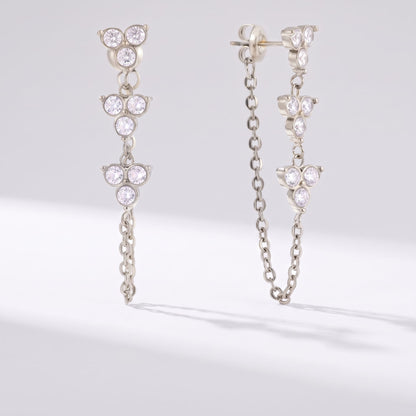 Bettina crystal cascade silver earrings on a plain white surface