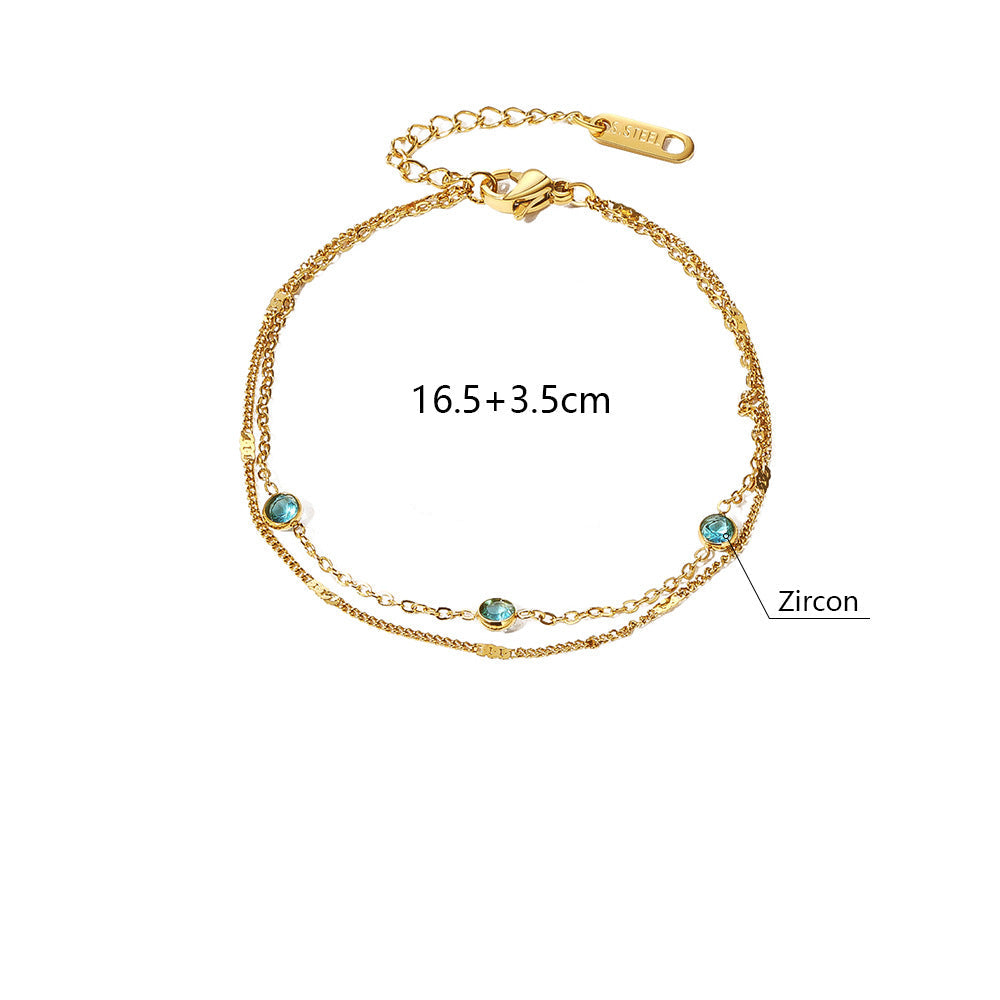 Cécile blue crystal bracelet measurements: length 16.5cm plus 3.5cm, blue zircons, weight 1.3g, stainless steel