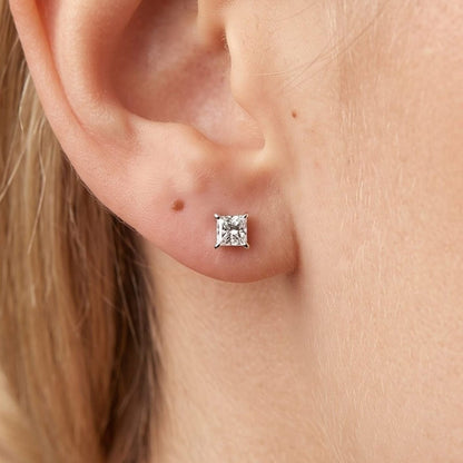 Close view of the Chloe square crystal stud in silver, set in four slim claws