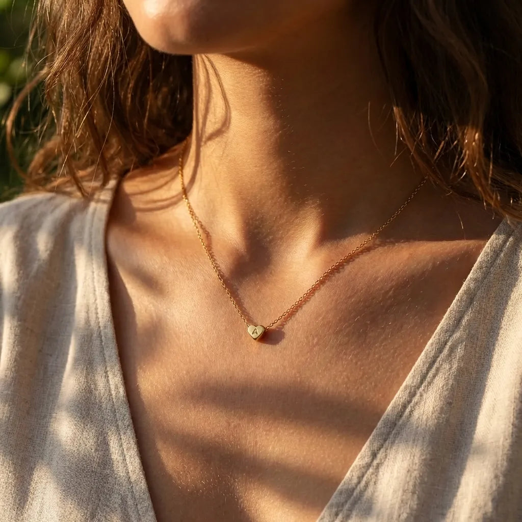 Woman in a linen top wearing the Heart Initial gold necklace, tiny engraved heart charm at the collarbone