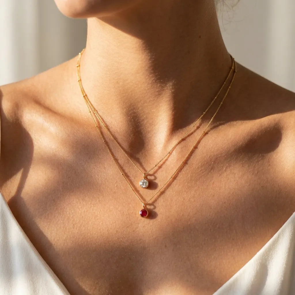 Two Amelia gold birthstone necklaces layered on a woman, one with a clear stone and one with a red stone
