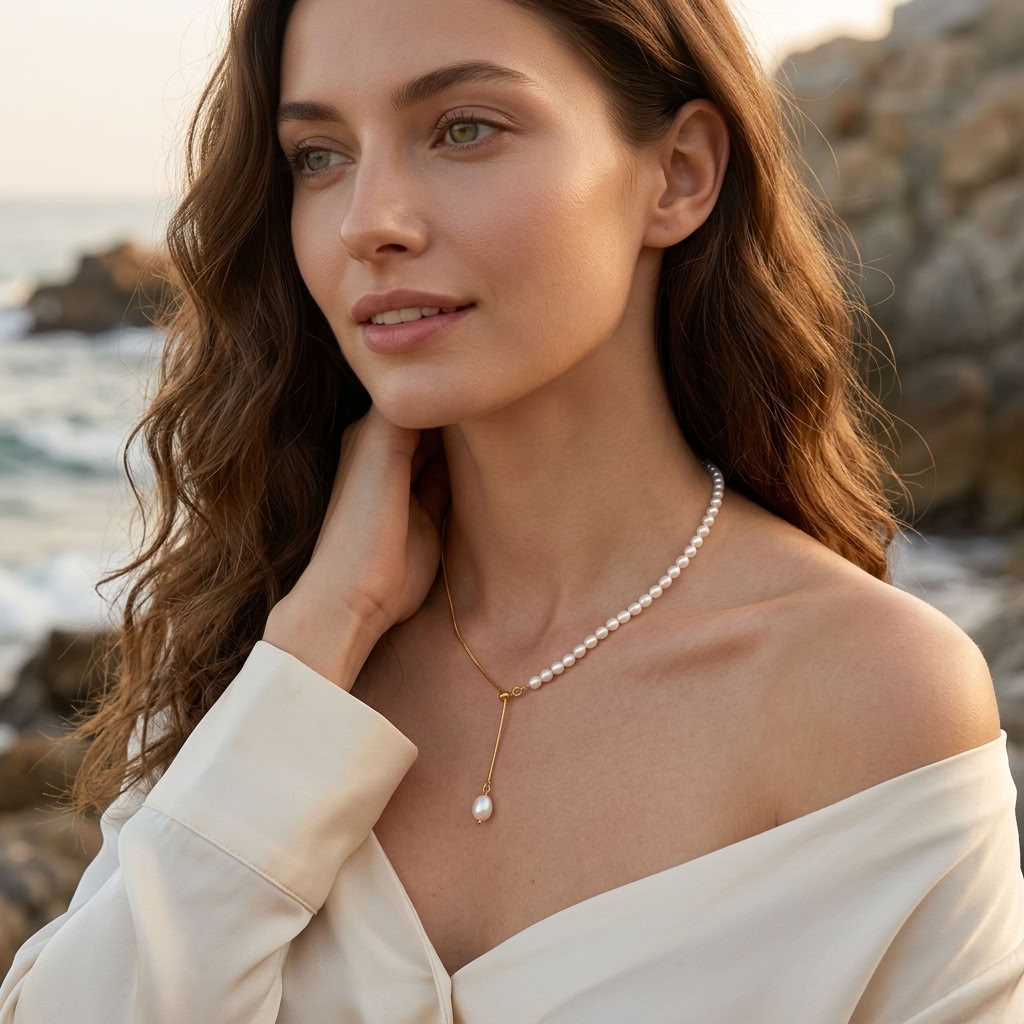 Élise Pearl Lariat Gold Necklace - Joie d’Or