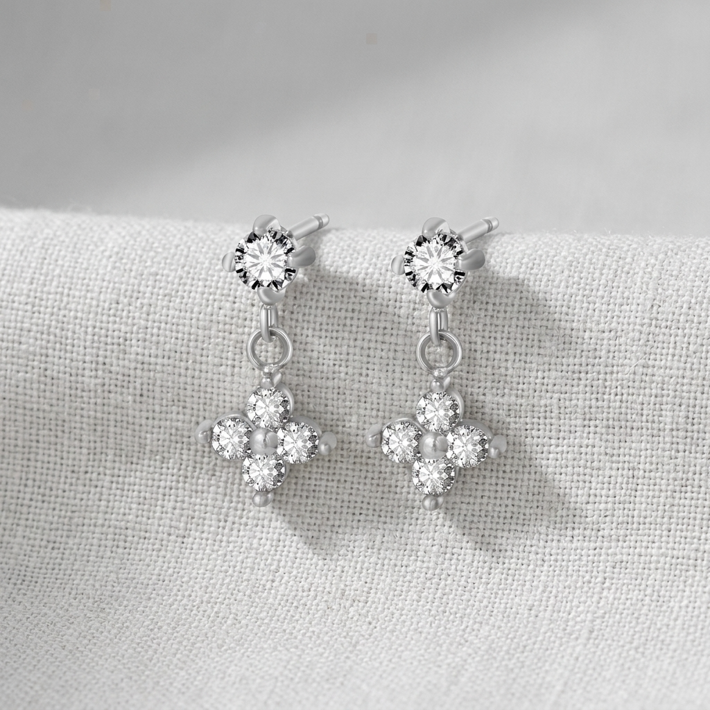 Astrid Clover Crystal Drop Silver Earrings