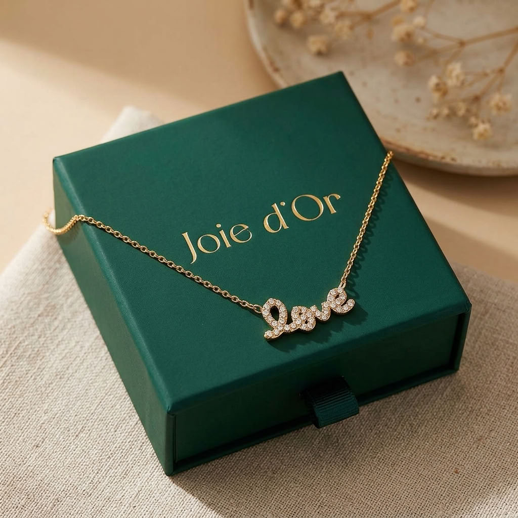 Manon Crystal Love Script Gold Necklace - Joie d’Or