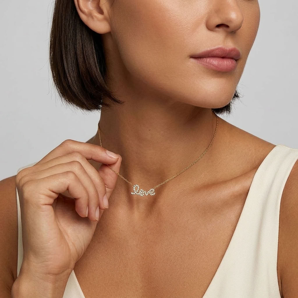 Manon Crystal Love Script Gold Necklace - Joie d’Or