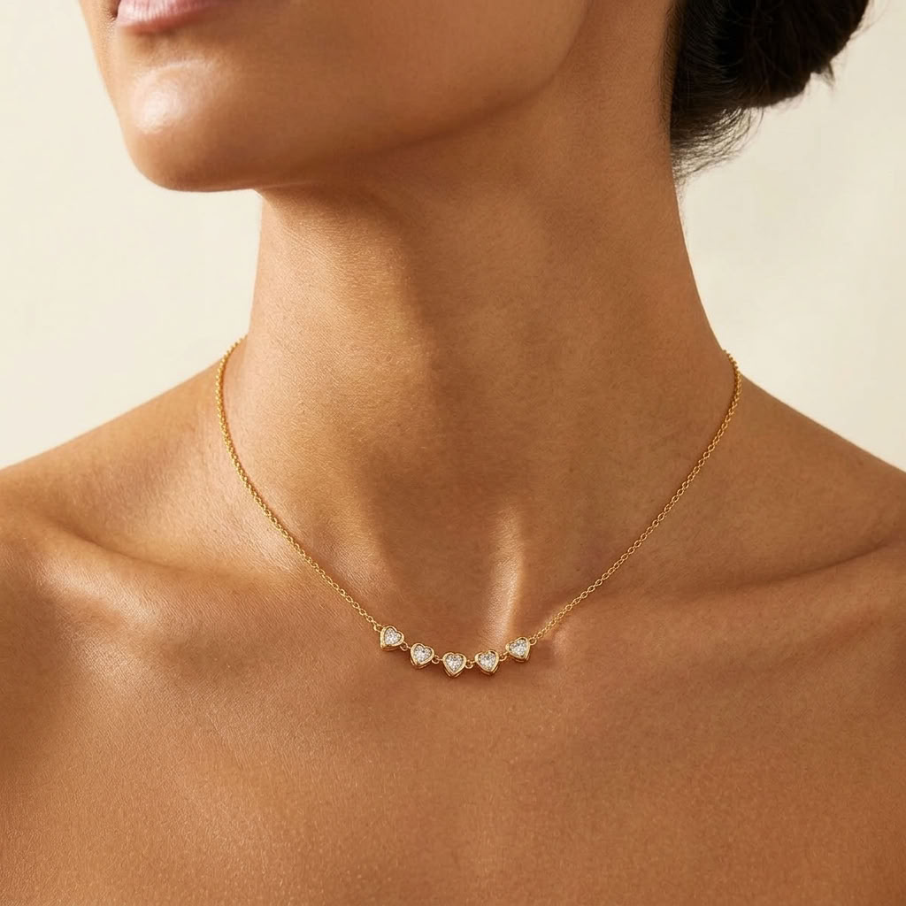 Evelyne Crystal Hearts Gold Necklace