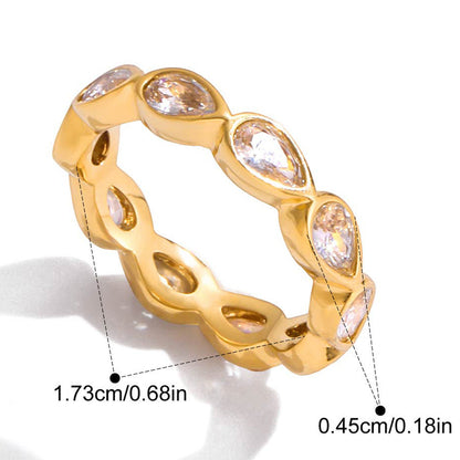 Élodie pear eternity gold ring: clear pear-cut zircons set point to point all the way round a slim band, 4.5 mm stones, weight 3.1 g