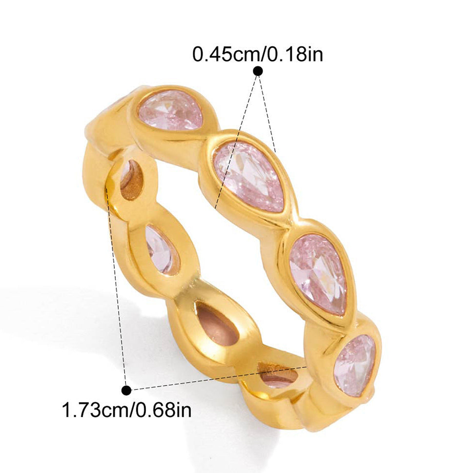 Élodie pink pear gold ring: blush-pink pear-cut zircons set point to point all the way round a slim band, 4.5 mm stones, weight 3.2 g