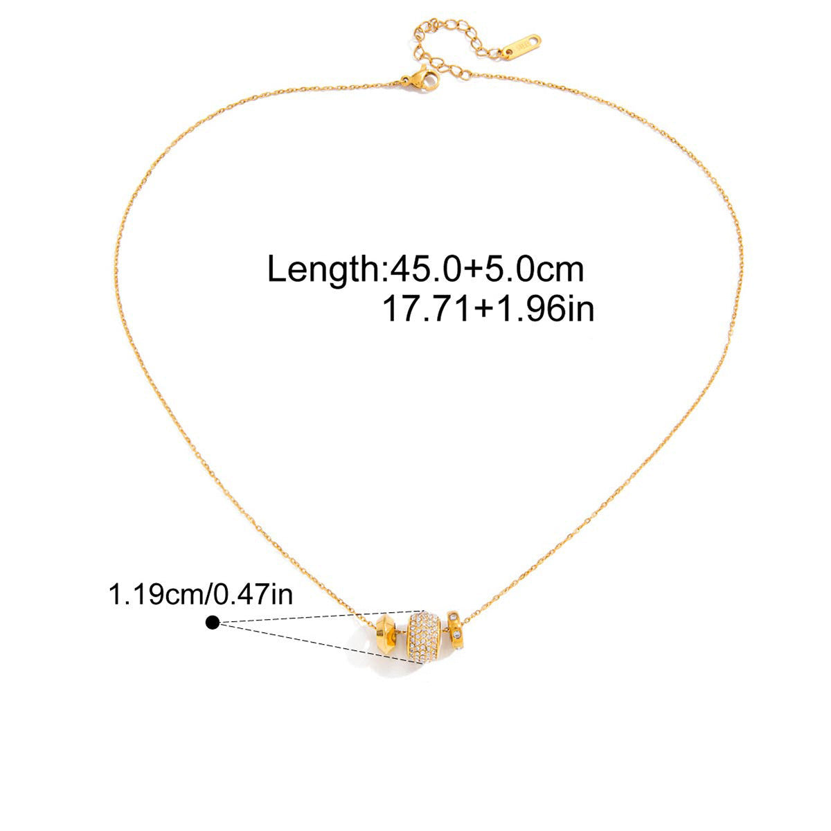 Fiona necklace measurements: length 45cm plus 5cm, barrel charm 1.19cm, weight 6.2g, stainless steel