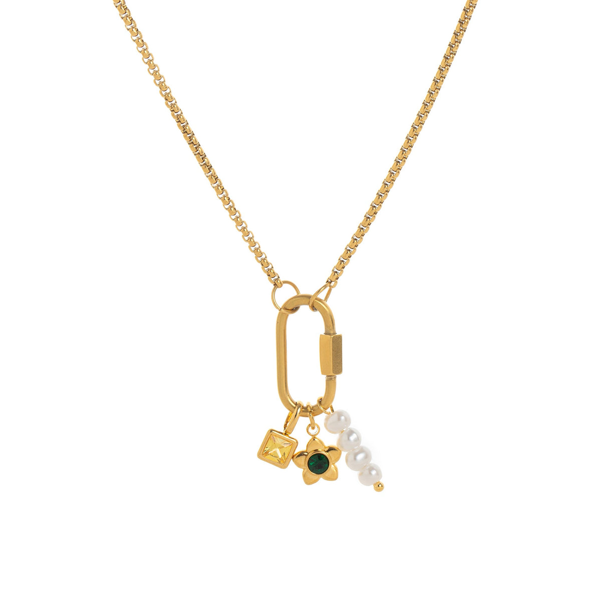 Lilou daisy charm gold necklace: a box chain with a gold carabiner clasp holding a yellow square crystal, a gold daisy with a green centre and a pearl drop