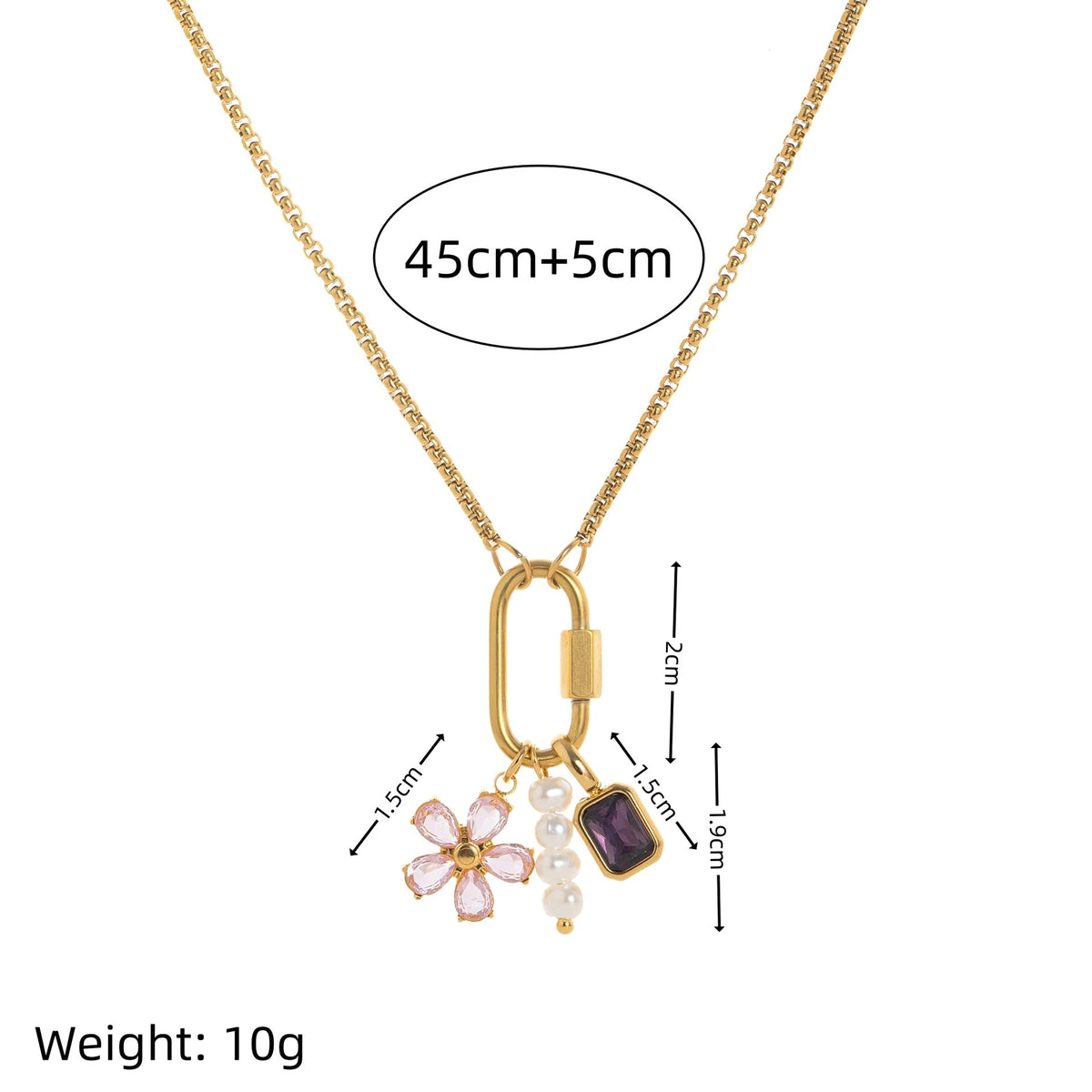 Lilou flower charm gold necklace with measurements: length 45 cm plus 5 cm, carabiner 2 cm, charms 1.5 to 1.9 cm, weight 10 g