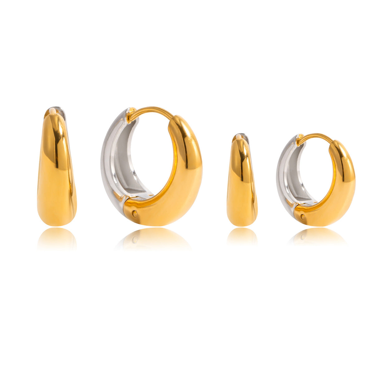 Nina dome huggie two-tone earrings in both sizes on white, side and front views