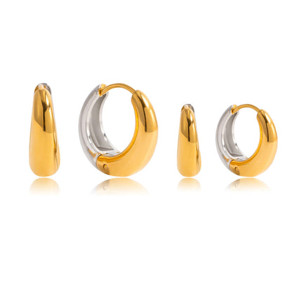 Nina dome huggie two-tone earrings in both sizes on white, side and front views