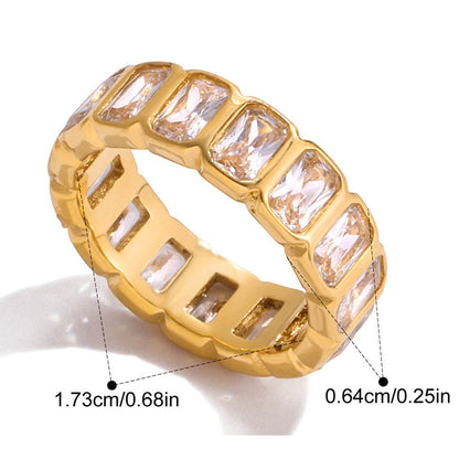 Sophie baguette eternity gold ring: clear emerald-cut zircons set all the way round a wide band, 6.4 mm stones, weight 5 g