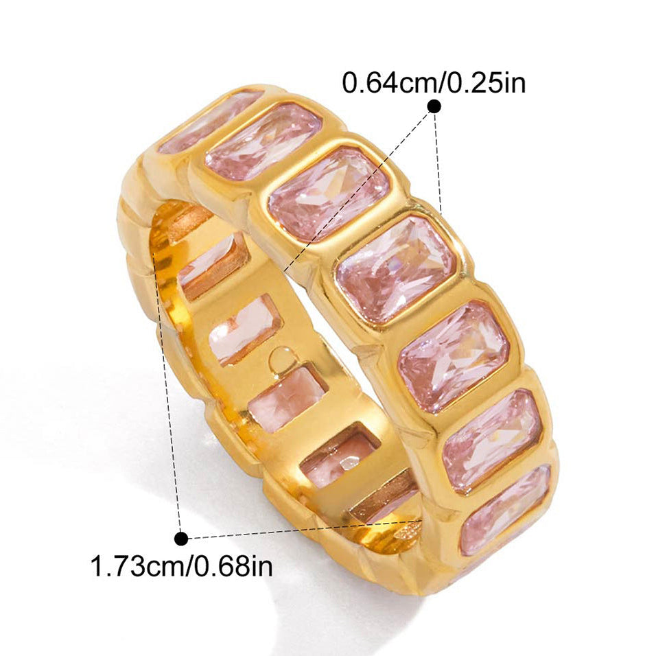 Sophie pink baguette gold ring: blush-pink emerald-cut zircons set all the way round a wide band, 6.4 mm stones, weight 5.6 g