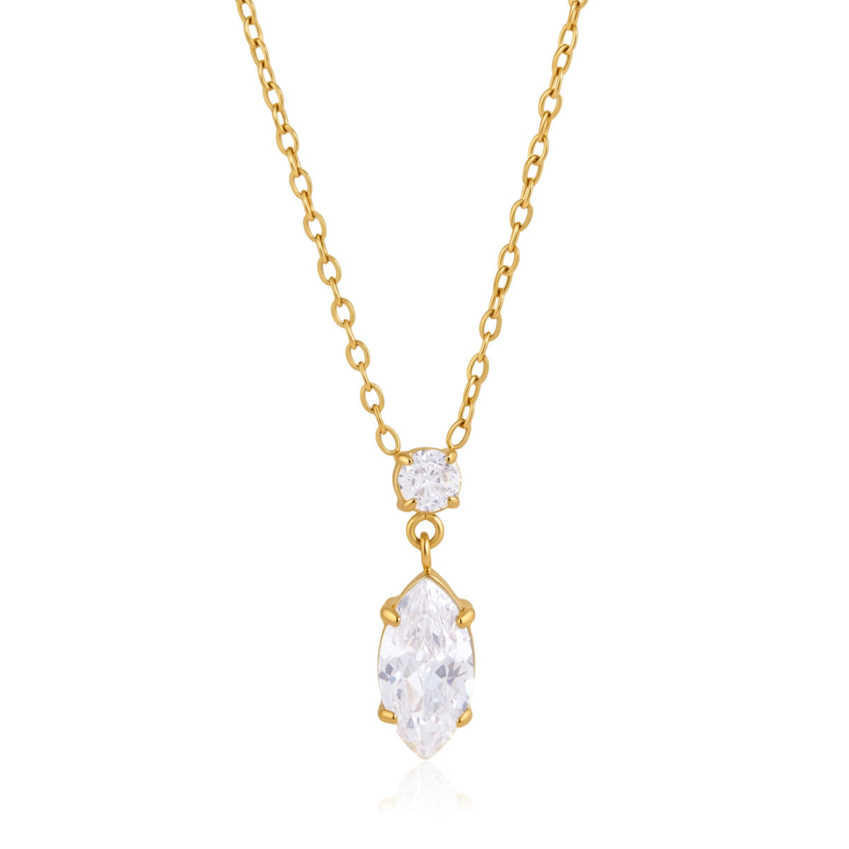 Valentina marquise drop gold necklace on white, a round crystal above the marquise stone