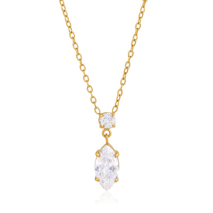 Valentina marquise drop gold necklace on white, a round crystal above the marquise stone