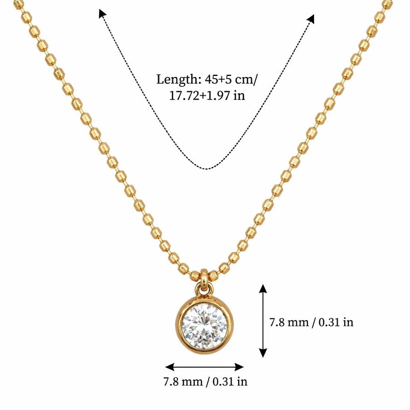 Vida crystal bezel gold necklace: a round zircon in a gold bezel on a ball chain, 7.8 mm, length 45 cm plus 5 cm, weight 4.4 g
