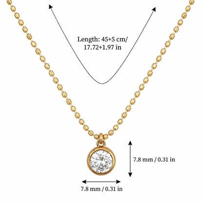 Vida crystal bezel gold necklace: a round zircon in a gold bezel on a ball chain, 7.8 mm, length 45 cm plus 5 cm, weight 4.4 g