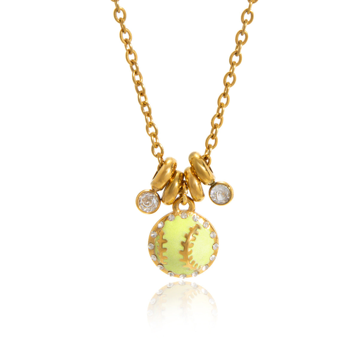 Vida softball charm necklace: yellow enamel ball edged with crystals beside two crystal drops